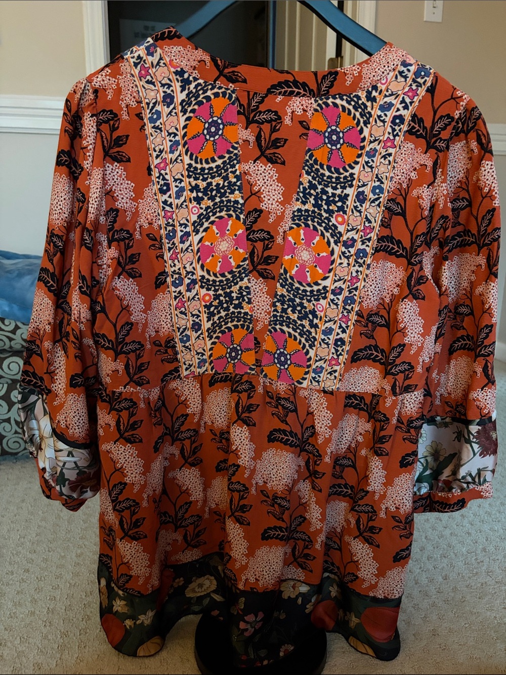 John Mark Orange Floral Boho V-Neck Blouse - Picture 2 of 2